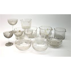 Seven 19th century and later double lip glass rinsers of various design, together with a pair of Edwardian cut glass finger bowls, and four Edwardian champagne glasses with engraved decoration. 