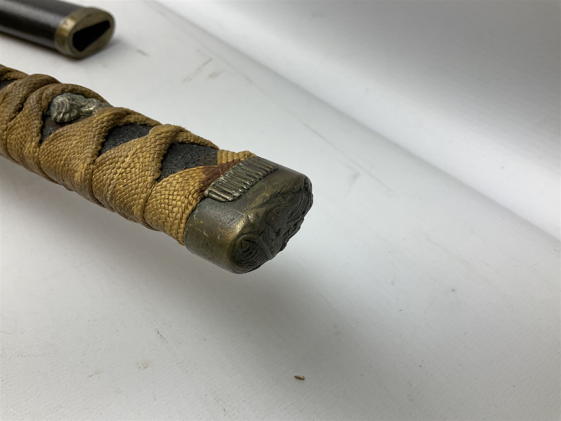 Three reproduction swords - Japanese katana and saya; Tai Chi sword with ornate scabbard; and dress sword with fullered triangular blade and horn handle (3)