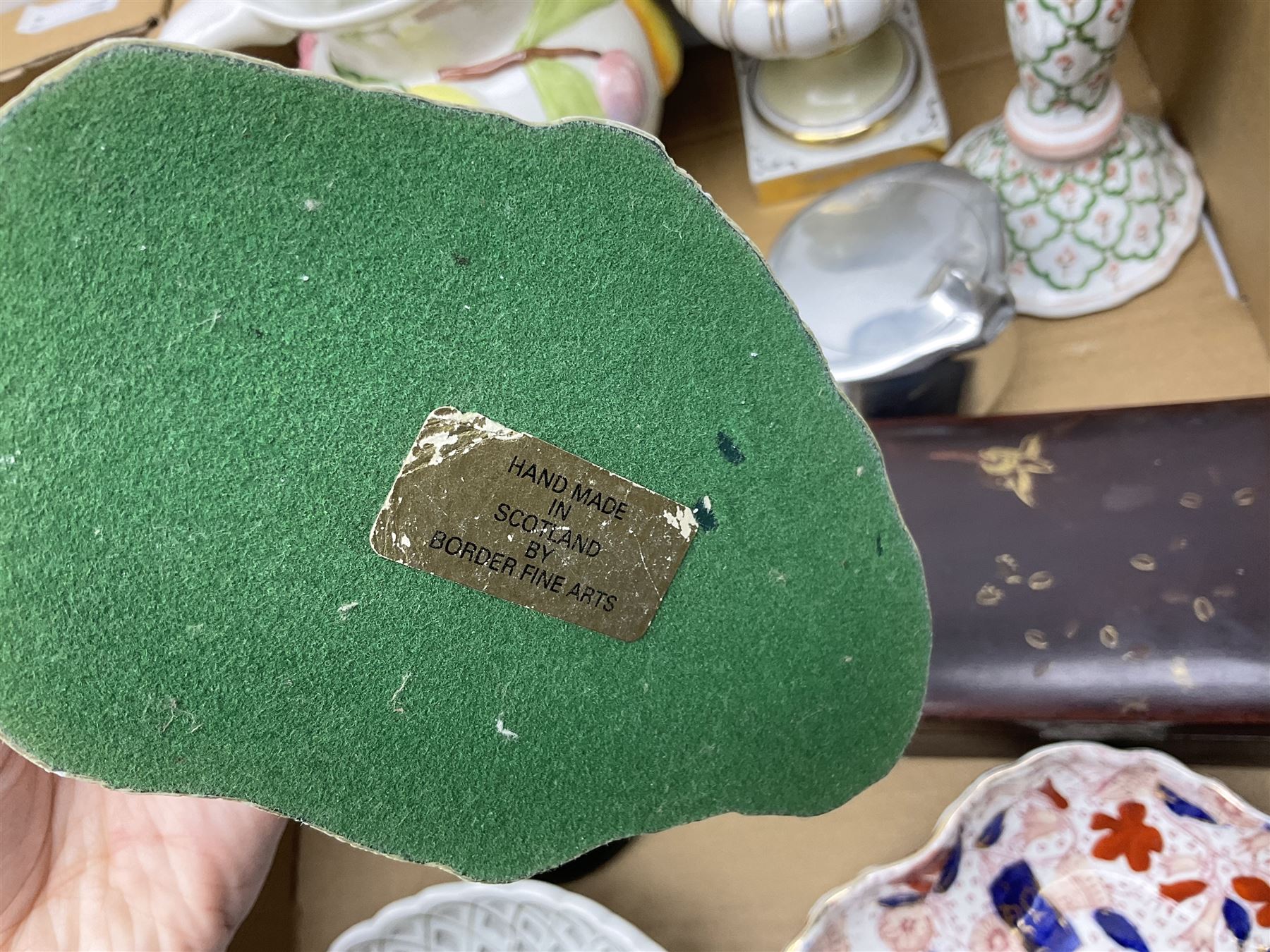 Coalport 'Persian Flower' part tea service for four, together with Elizabethan 'Cavendish' cups and saucers, Border Fine Arts dog figure, other teawares and ceramics, metalware etc in two boxes