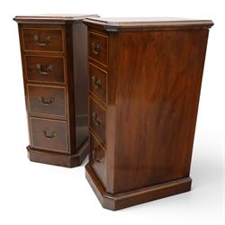 Pair of Edwardian mahogany pedestal chests, of moulded rectangular form, above four graduated drawers, brass swan neck handles, moulded plinth base