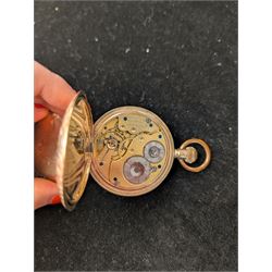 Waltham USA gold plated full hunter pocket watch, the white enamel dial with subsidiary seconds dial, the front cover engraved and embossed with blank cartouche in a floral border, the back cover engraved with stag