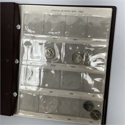 Mostly Canadian coins including 1967 six coin set, various Canadian 50 cent coins, various nickels, Royal Canadian Mint 1990 specimen coin set in blue folder with outer sleeve, various Canadian dollars etc, in folders and loose
