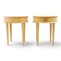 Bentley Designs - Pair of 'Dansk' light oak circular bedside or lamp tables, one drawer with recessed handle, tapering circular supports