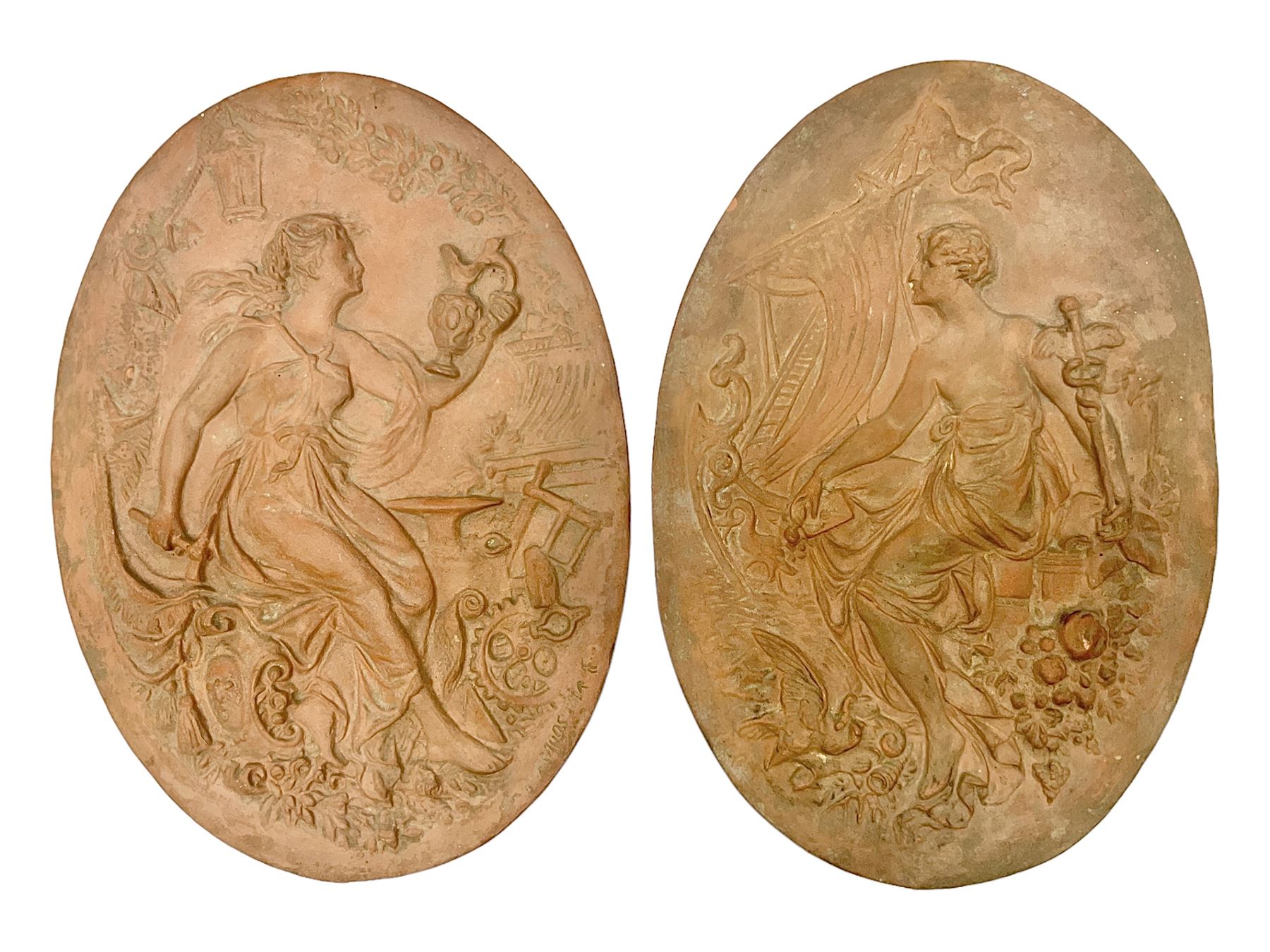 Pair of 19th century classical terracotta relief wall plaques depicting the goddess Hygeia and another goddess, seated holding an ewer, each of oval form, indistinctly signed, each stamped Ferreira verso, H42cm, W30cm