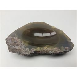 Polished tigers eye dish, together with an agate geode stone dish, with raw edges, tigers eye, L13cm