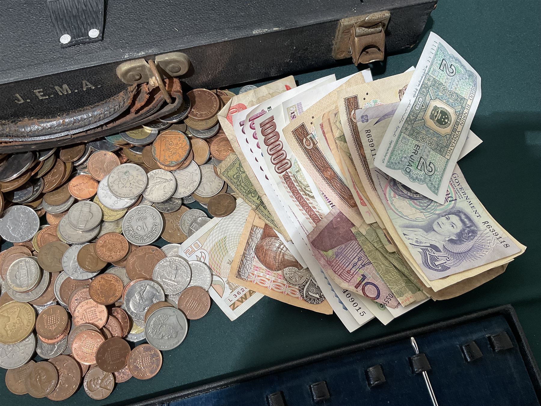 Large collection of continental coins and banknotes, in lacquered box, together with a box of eye instruments
