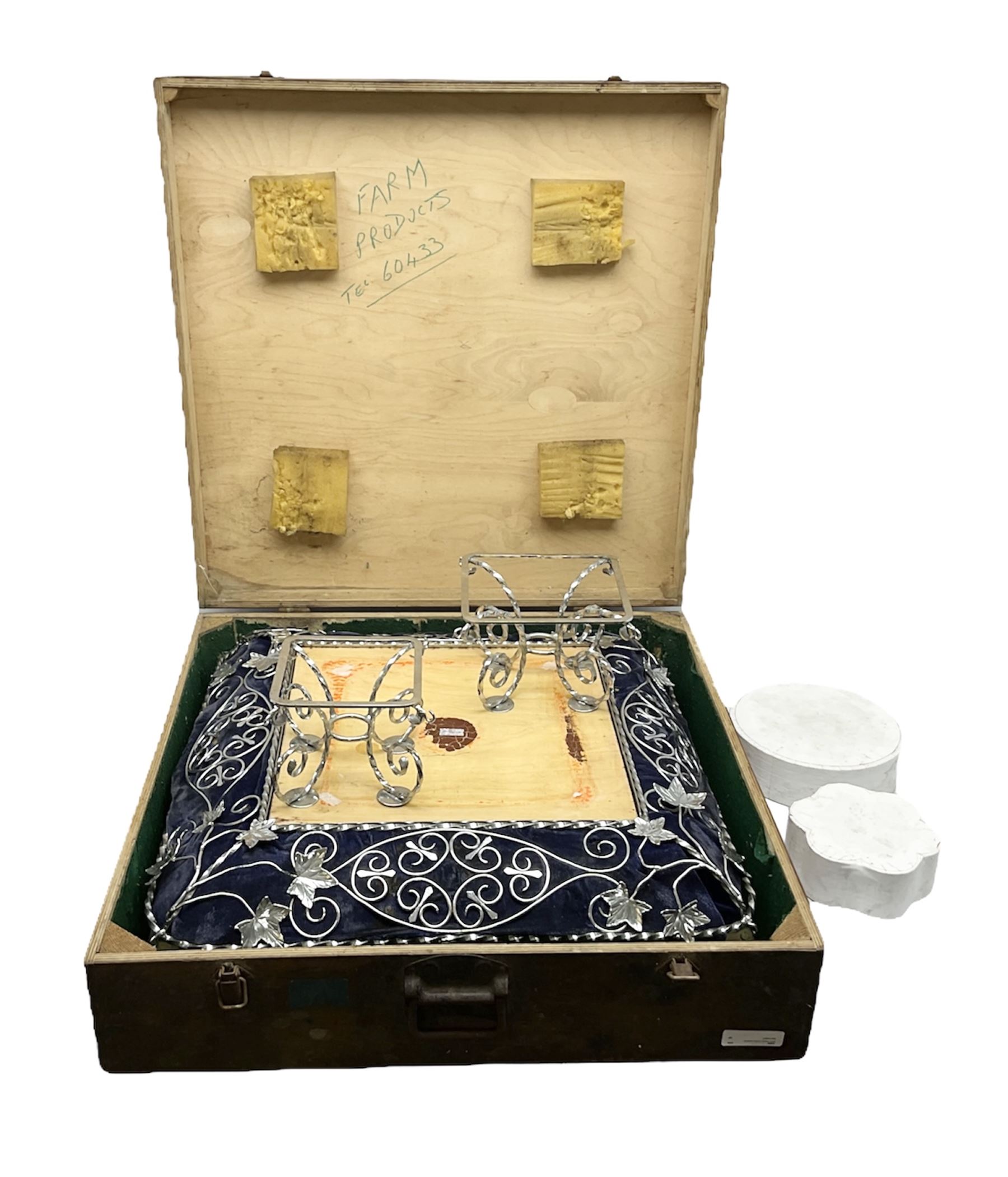 Edwardian wedding cake stand, the blue velvet cushion applied with wirework scroll, in wood box, 56cm X 56CM