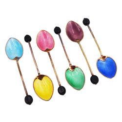 Set of six silver gilt guilloche enamel coffee bean spoons, each spoon with a coloured guilloche enamel bowl and black coffee bean finial, hallmarked Turner & Simpson Ltd, contained within fitted case