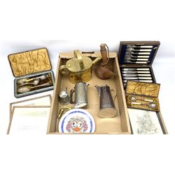 Assorted items, to include cased pair of silver plated berry type spoons, cased set of fish eaters, small selection of silver plate, brass watering can, framed prints, etc., in one box 