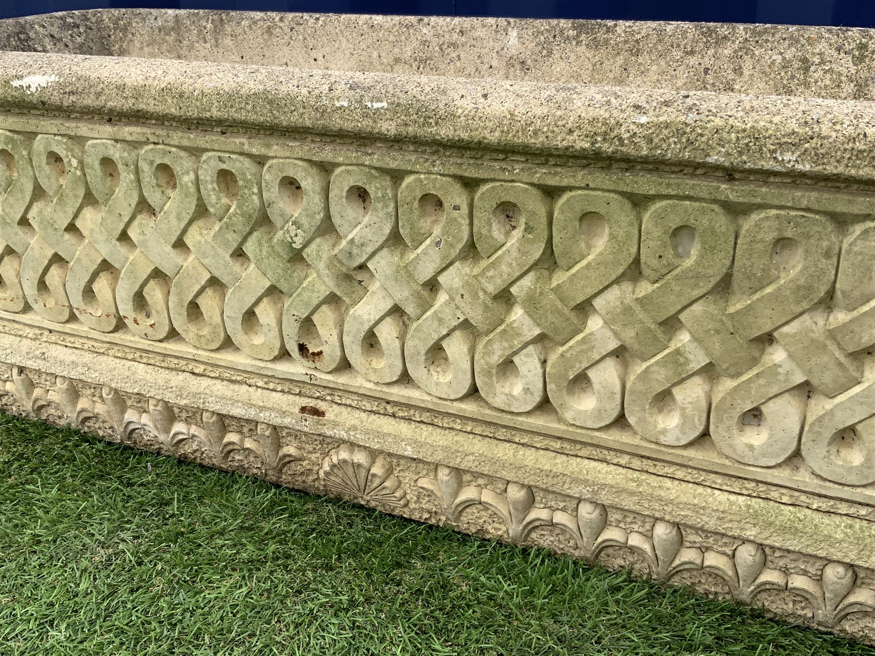 Cotswold Studios Ltd - rectangular garden planter, tapering form with crossover lattice scroll decoration  - THIS LOT IS TO BE COLLECTED BY APPOINTMENT FROM DUGGLEBY STORAGE, GREAT HILL, EASTFIELD, SCARBOROUGH, YO11 3TX