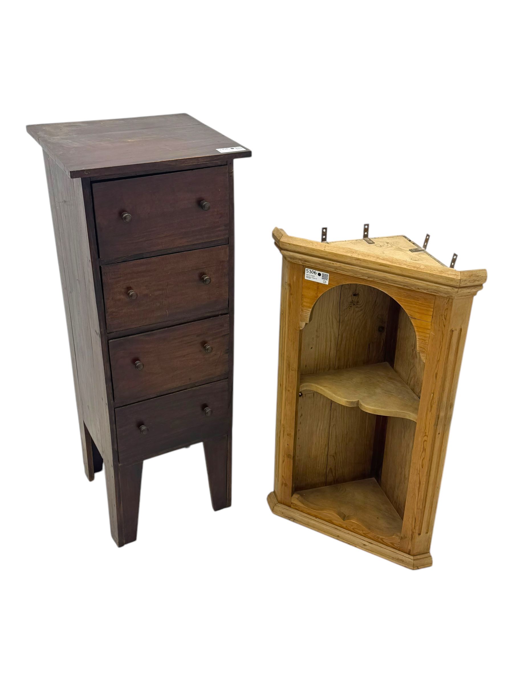 Victorian pine wall-hanging corner cupboard, shaped plinth base (W52cm, H90cm); Victorian narrow chest fitted with four drawers, on tapered supports (W42cm, D38cm, H110cm); mahogany framed bench with upholstered seat, hinged lid enclosing storage (W92cm, H51cm)