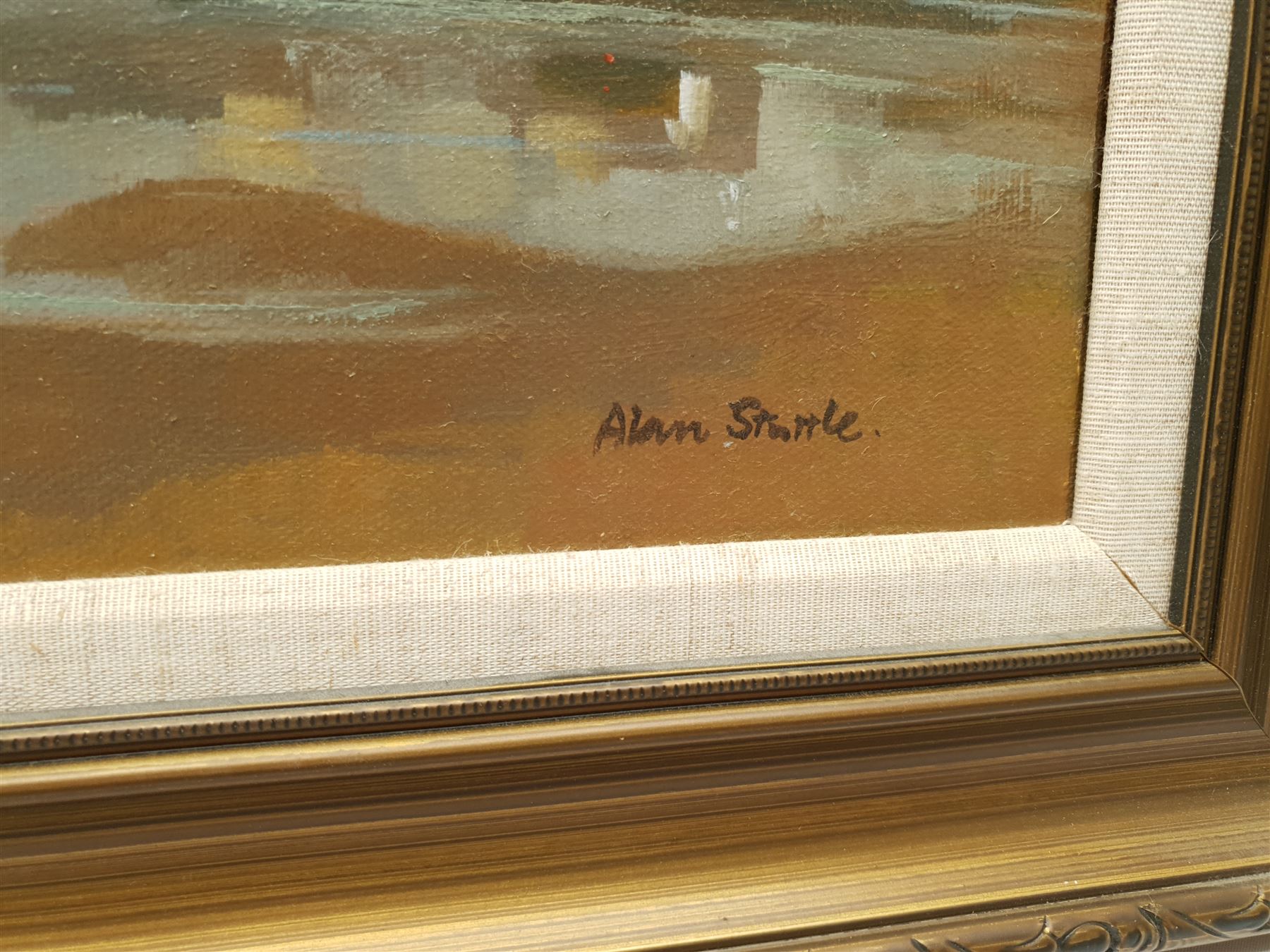 Alan Stuttle (British 1939-): Seagulls over 'Scarborough' North Bay, oil on canvas signed, titled and dated 1989 verso 24cm x 50cm