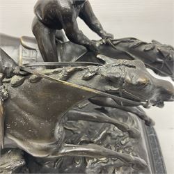 After E Loiscay, bronzed figure group, modelled as two race horses, signed E Loiscay, upon a stepped marble plinth, overall H28cm