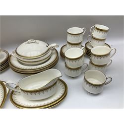 Paragon and Royal Albert tea and dinner wares in Athena pattern, including fifteen cups and saucers, gravy boat and saucer, four dinner plates, four soup bowls etc (52), together with three spode tea plates in golden bracelet pattern and another tureen with ladle in similar design. 