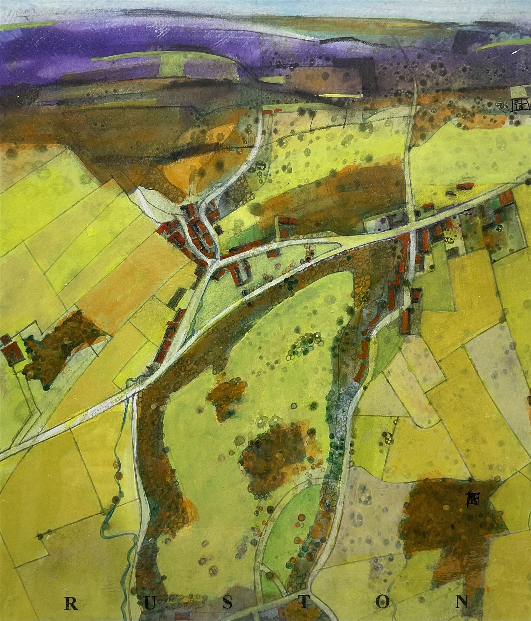 Russell Lumb (British 1946-): 'Ruston' near Scarborough, mixed media semi-abstract map titled signed with monogram and dated '15, artist's address label verso 34cm x 29cm