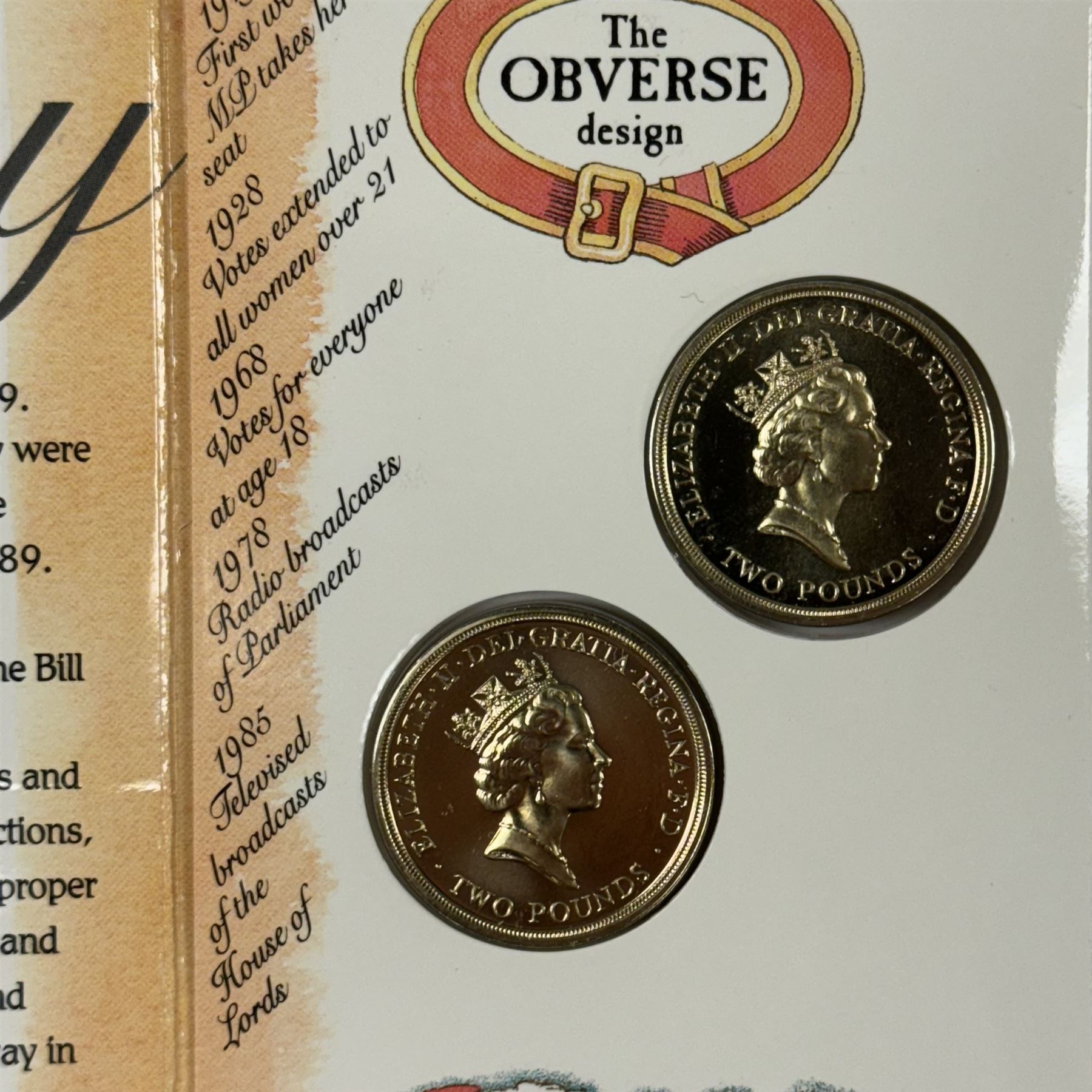 Nineteen The Royal Mint United Kingdom uncirculated commemorative coins or sets, including Queen Elizabeth II 1989 '1689 1989' two pounds, 2001 'Victorian Anniversary' crown, 2003 'Coronation Jubilee' five pounds, 2004 'Britain's new coinage' three coin set, 2005 'The End of WWII' two pound, 2006 'Her Majesty Queen Elizabeth II Eightieth Birthday', 2015 'The Royal Navy' two pounds, 2016 'The Last Round Pound', 2022 '1926-2022' five pounds, King Charles III 2023 'The Coronation' five pounds etc