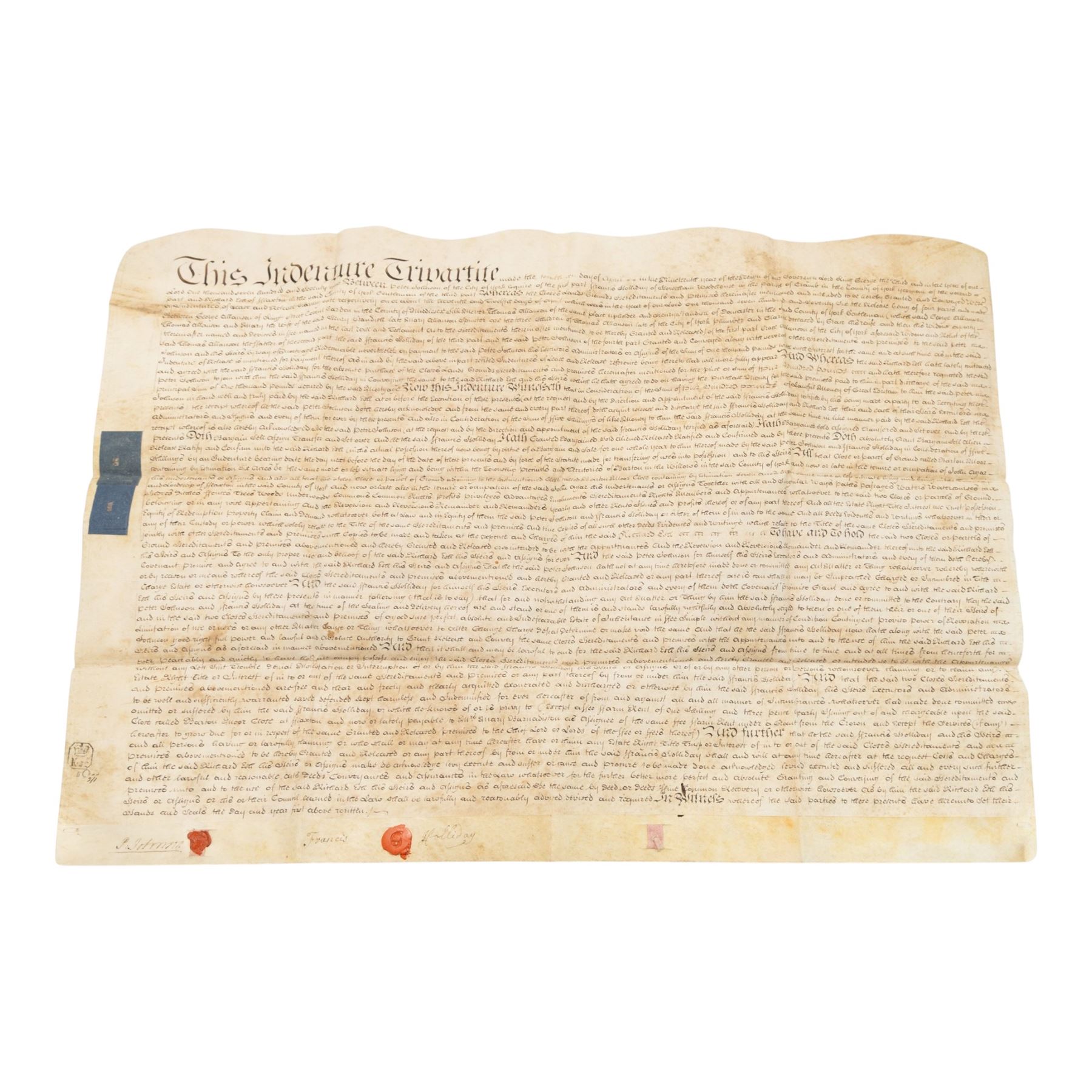 York suburbs interest - extensive collection of 18th century and later vellum indentures, wills, probate documents and property papers charting property ownership and local families in Acomb, Huntington, Earswick, Bishopthorpe, The Mount, Heworth, Heslington and other York suburbs and villages, including documents relating to tradespeople, innkeepers, farmers and householders, many retaining original wax seals, revenue stamps and probate seals, in one box