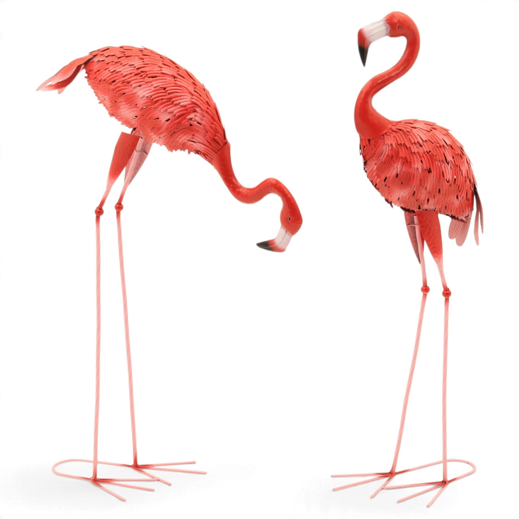 Pair of contemporary pink painted metal flamingos, with elongated curved necks, black-tipped beaks and overlapping pierced metal plumage, on long slender legs terminating in three-toed feet, modelled in differing poses