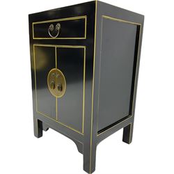 Small Chinese ebonised lamp cabinet, fitted with drawer and cupboard, gilded detail