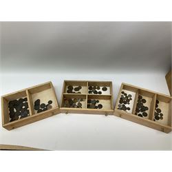 Three drawer collectors cabinet with fall front containing various Great British and World coins including GB pre-decimal coins, King George III 1806 penny, cartwheel pennies etc