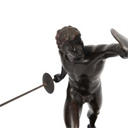 Third Reich; bronze sculpture, after Arno Breker modelled as a Gladiator upon a stepped rectangular marble base, belonging to Hans Christian Weber, gifted to him on the Day of German Art parade 1938 from Mayor Karl Fiehier, H45cm 