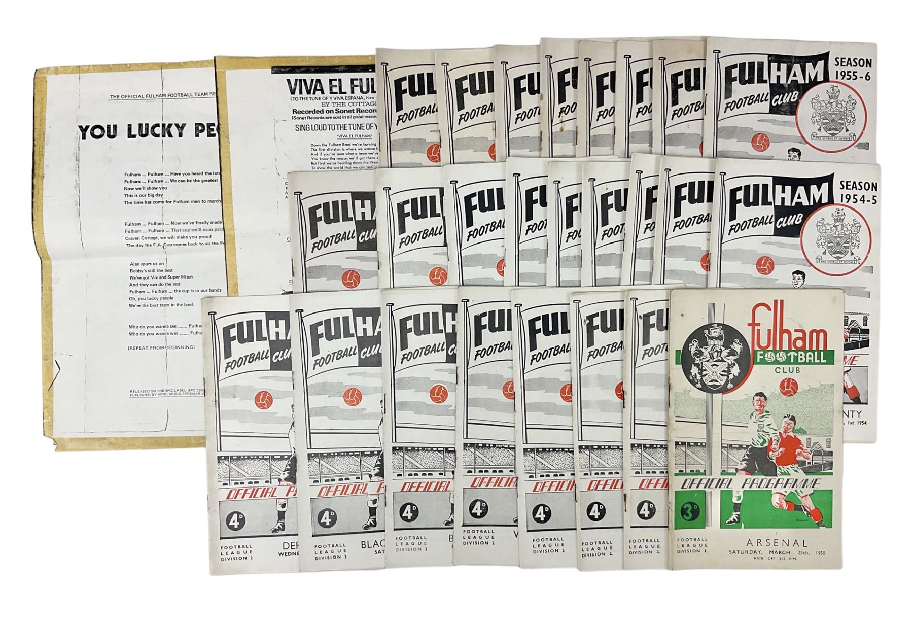 Fulham F.C. programmes - twenty-seven home matches 1949/50 - 1957/58; and two photocopies of memorabilia items
