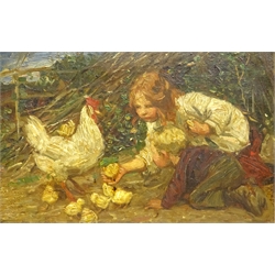  Dame Laura Knight (Staithes Group 1877-1970): Children with Hen and Chicks, oil on canvas laid on board signed and dated 1904, 16cm x 24cm  DDS - Artist's resale rights may apply to this lot  