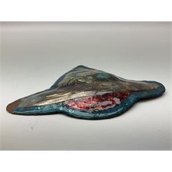 Henry George Murphy (1884-1939), Arts & Crafts enamel panel, of stylised form decorated with a stylised temple on a hill, upon a blue toned ground, H13cm W15cm