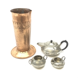 A large copper Arts and Crafts style vase, H34cm, together with an English planished pewter tea set, comprising tea pot, milk jug, and twin handle sucrier. 