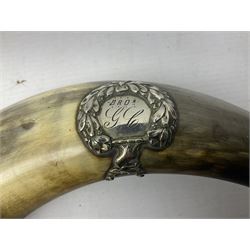 Silver-plate mounted hunting horn, made for the Yorkshire Foresters, L37cm