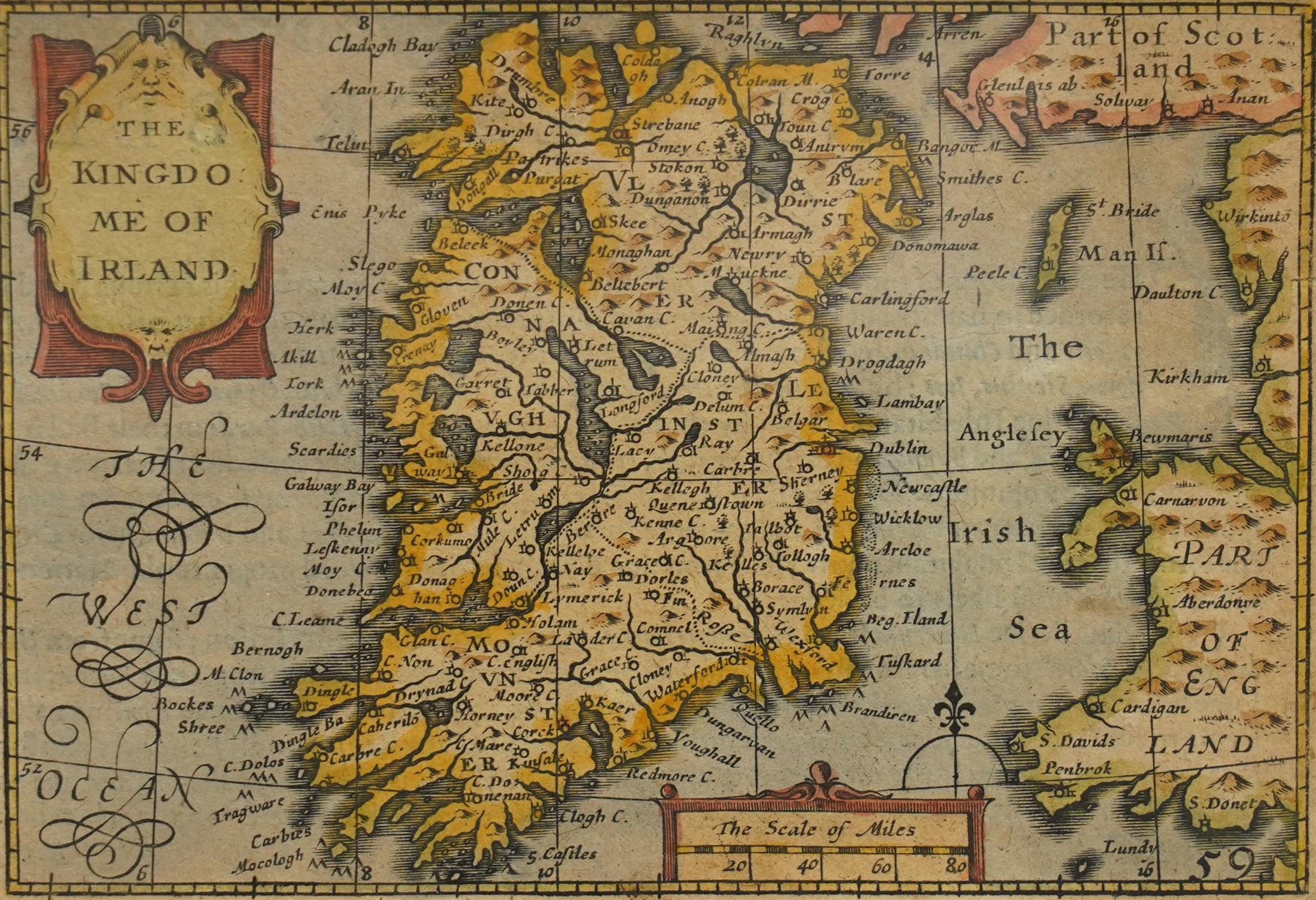 John Speed (British 1552-1629): 'England Wales Scotland and Ireland Described and Abridged', frontispiece and set of four engraved maps with hand-colouring of the British Isles from the miniature pocket-sized edition pub. c.1666, 9cm x 13cm (5)