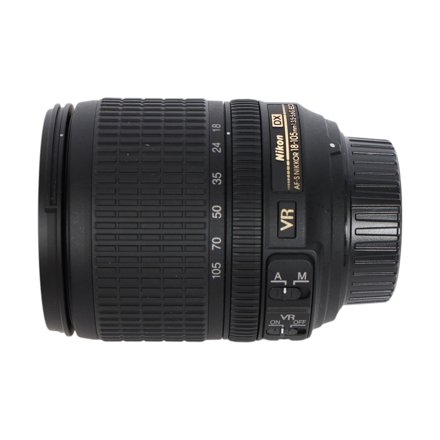 Nikon DX VR AF-S Nikkor 18-105mm 1:3.56.6G ED camera lens, serial no. 42718987, with both lens caps and soft pouch