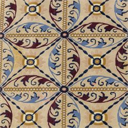 Rugs by Design - Nepalese wool rug, cream field decorated with repeating diamond trellis enclosing scrolling foliate motifs in blue, burgundy and ochre, within chain-link border and fringed ends