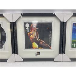 Set of three Royal Mail David Bowie limited edition album stamp prints, comprising  Ziggy Stardust Tour, Hunky Dory and Earthling, all framed and in original packaging, H43cm W43cm