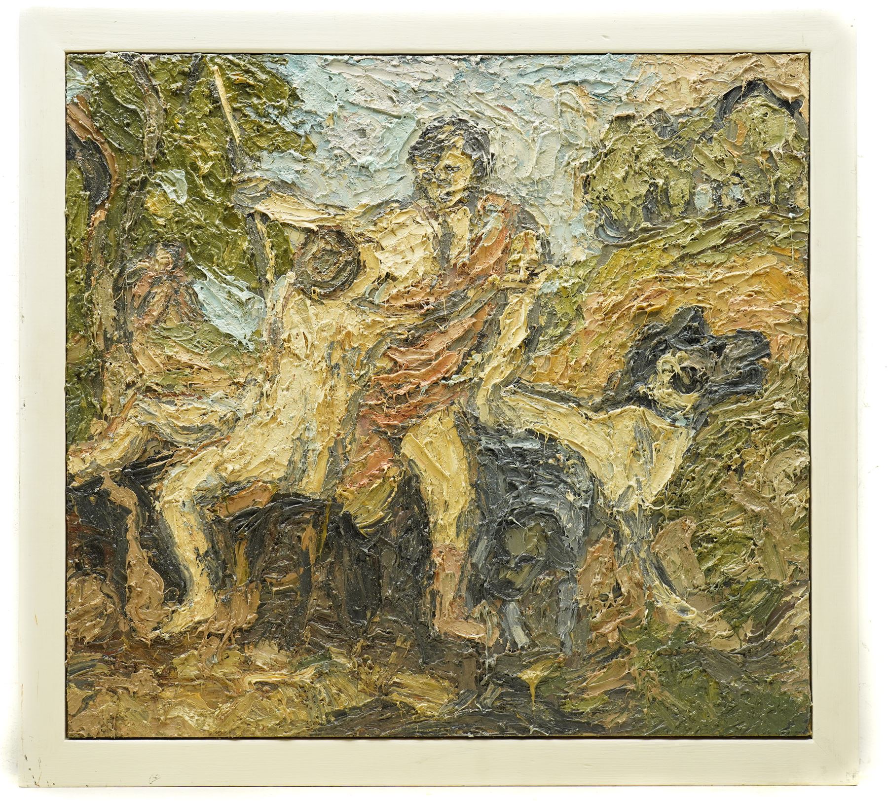 Barry De More (Yorkshire 1948-2023) after Titian (Italian ?-1576): 'Venus and Adonis', oil on board signed titled and dated 2013 verso 45cm x 48cm
Provenance: consigned by the artist's widow