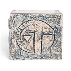 Troika cube vase by Anne Lewis, with geometric incised decoration in blue on a mottled blue ground, signed to base with initials
