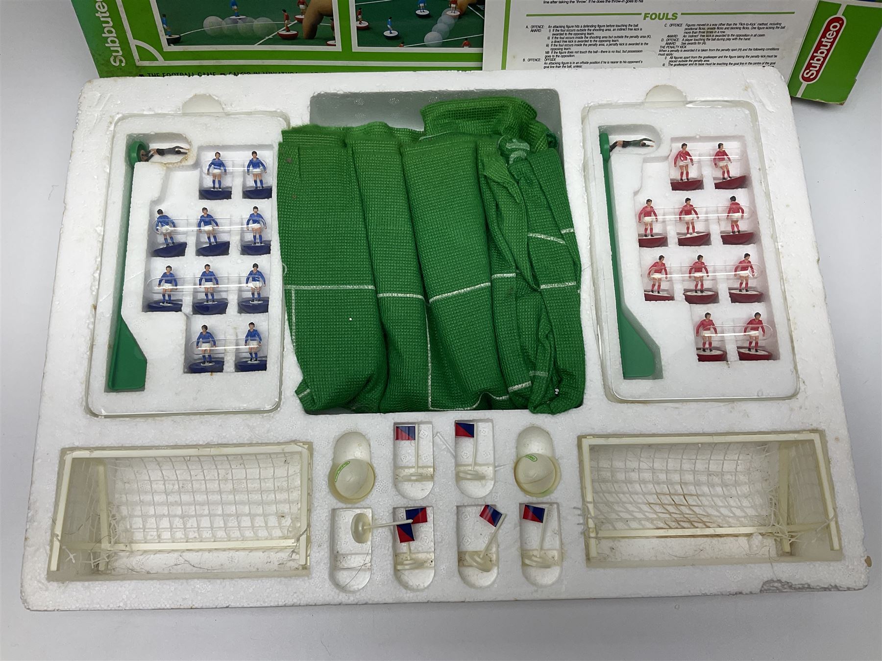 Subbuteo - table football game with plain red and blue teams; looks to be unused in box; six individually boxed additional teams comprising 779 Leeds United 2nd, 770 Manchester United 1993 Premier League Champions, 703 Southampton, 680 Scotland, 287 Notts County/Espinho/Doxa/Grimsby Town and 030 Berwick/East Fife/AEK/Hull City/Lierse; and Corinthian/Tetley Match of the Day Dream Team set of twelve figures on stand