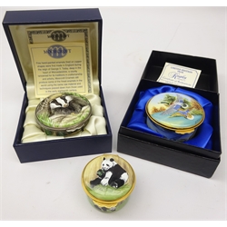  Moorcroft limited edition enamel box painted with Badgers by Fiona Bakewell, 26/50, with certificate and presentation box and two similar Kingsley enamel boxes ltd. ed. 'Mallard' by Steve Smith 94/250 with certificate and presentation box and another decorated with Pandas (3)  