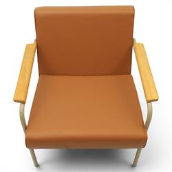 Pair of mid-20th century painted wrought metal easy armchairs with tan leather upholstery and teak armrests