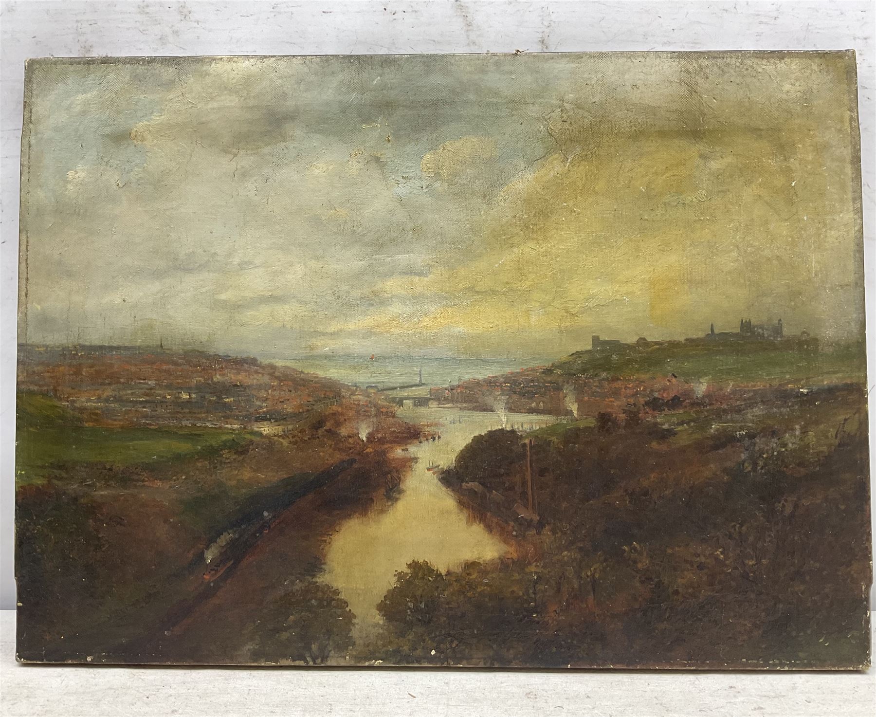 English School (Early 20th Century): View across Whitby, oil on canvas possibly signed 41cm x 56cm (unframed)