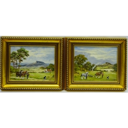  Harvesting Scenes - Cleveland, four 20th century oils on canvas board signed M. Tate 19cml x 24cm and 'Moorland Scene near Goathland', signed by Brian Richardson titled and dated 1987 verso 9cm x 14.5cm (5)  