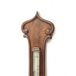 Victorian figured mahogany barometer, pointed arched pediment above mercury thermometer, silvered dial inscribed 'M & J. Spiegelhalter, Malton', applied carved anthemion and rounded mouldings, H103cm