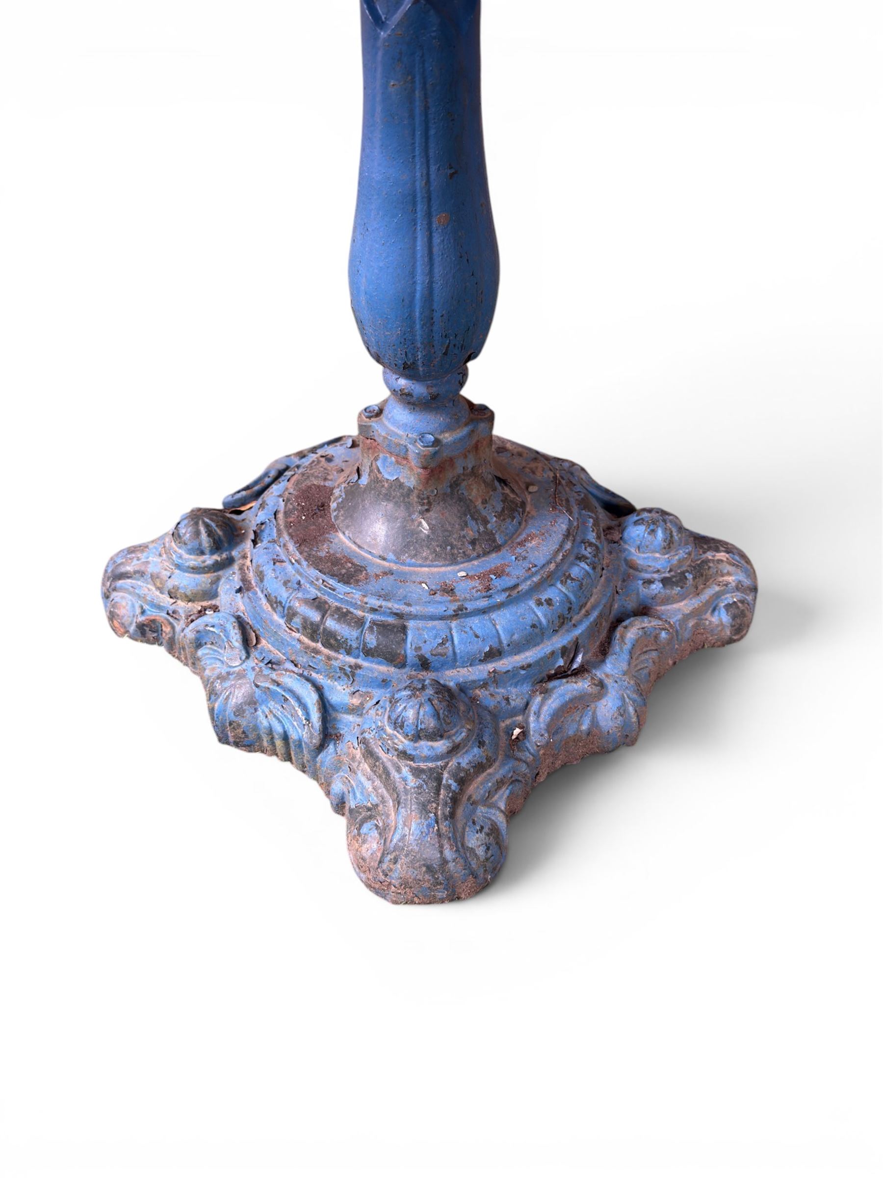Victorian revival ornate cast iron garden table, pierced square top, pedestal base, finished in distressed blue paint