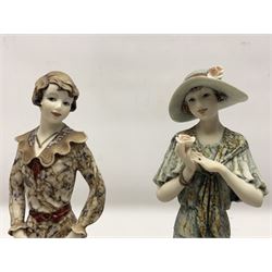 Set of four Giuseppe Armani Florence figures, Iris, Rose, Lily and Daisy, each modelled as ladies in 1920s dress amongst flowers, with names and signature inscribed and upon mahogany base, H23cm