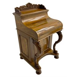 Fine and unusual 19th century olivewood piano top davenport, raised shaped back carved with olive branches and olives, the top hinges to reveal lidded and correspondence compartments, the piano lid enclosing sliding top with hinged and adjustable writing surface with leather inset, right-hand panelled door enclosing four drawers, olive branch and scroll carved cabriole front supports on moulded and shaped platform, turned cup feet with recessed castors 
