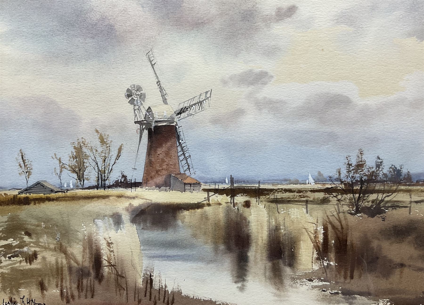 Leslie L Hardy Moore (British 1907-1997): Windmill on the Flatlands, watercolour signed 27cm x 37cm 