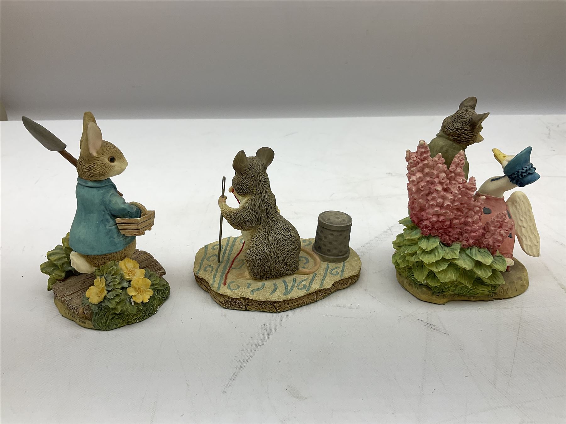 Border Fine Arts Beatrix Potter figures, to include Tableau no. 669814, The Tale of Ginger and Pickles no.A0460, Peter Rabbit in the Garden 739499, Mr Jeremy Fisher A0621, Tabitha Twitchit Brushing Kittens A0625, many with original boxes  