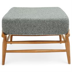 Lucian Ercolani for Ercol - footstool model number 443, upholstered in grey fabric, on elm and beech base 