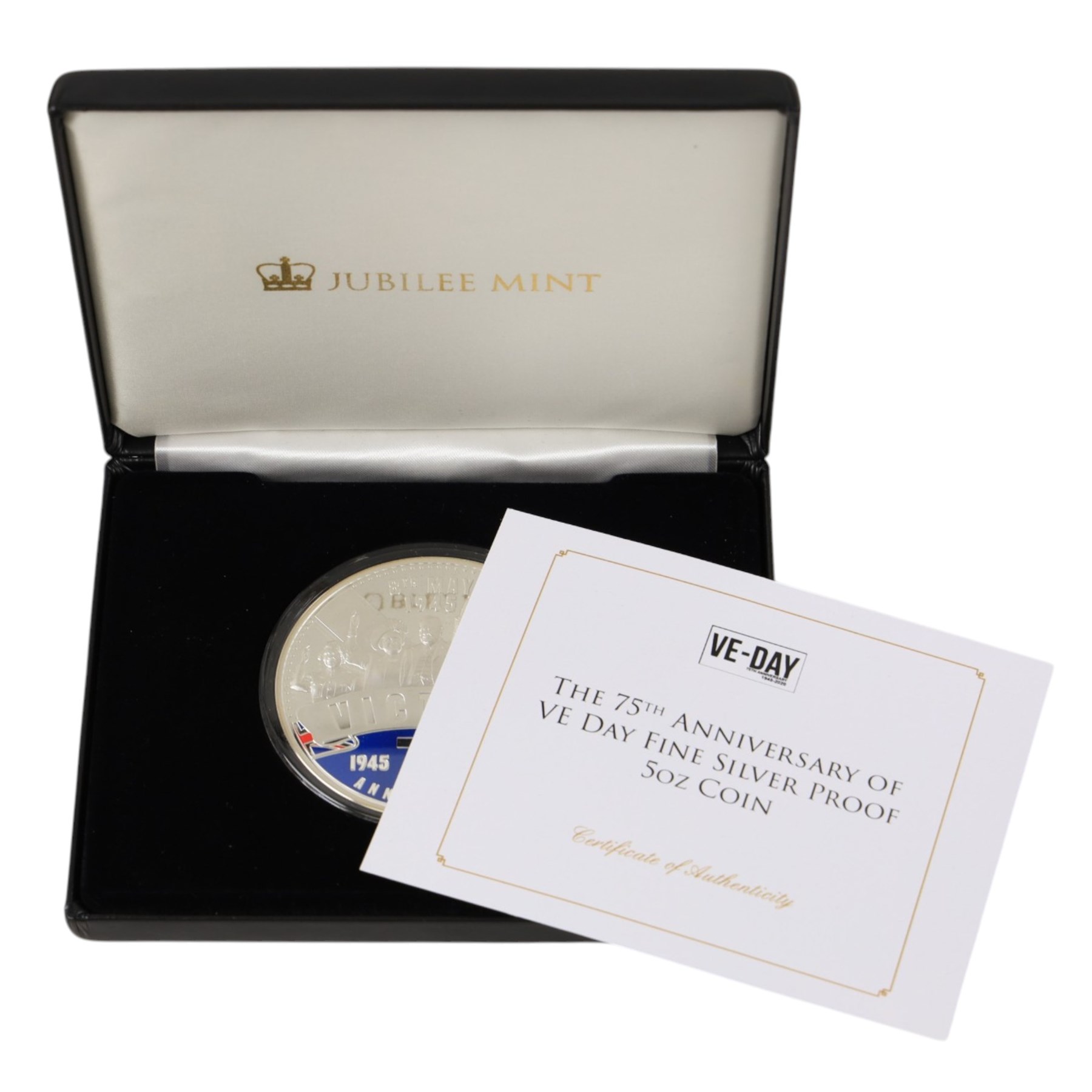 Queen Elizabeth II Solomon Islands 2020 '75th Anniversary of VE Day' five ounce fine silver proof ten dollar coin, issued by the Jubilee Mint, cased with certificate
