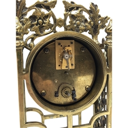  Victorian brass mantle timepiece, drum movement with cream Arabic dial in oak leaf cast openwork frame on acorn feet, H24cm  